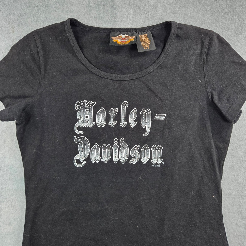 Harley-Davidson Y2K Baby Tee Women S Black Rhinestone Made in USA